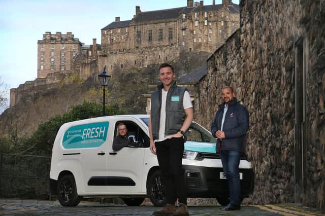 Fresh franchisee Jason Bell, founder and chief executive Sam Brennan and chairman Tino Nombro, pictured in Edinburgh. Picture: Stewart Attwood