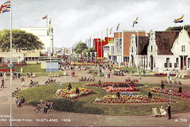 The South African Pavilion is pictured right at the 1938 Empire Exhibition . It was voted the most popular building of the event, which attracted 12 million people. (Image: James Valentine & Co/University of St Andrews Library)