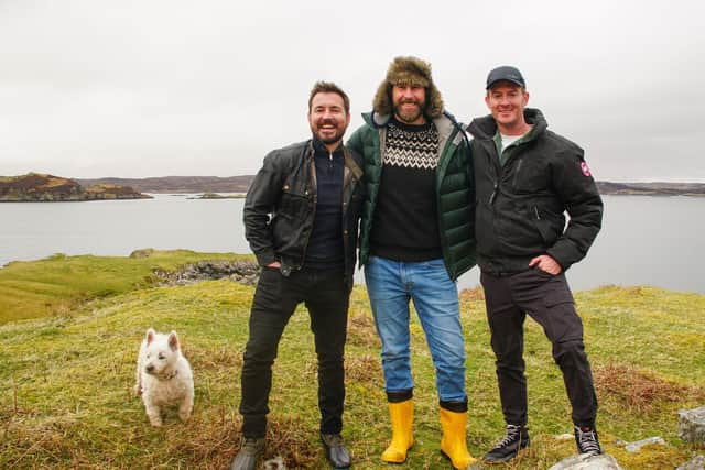 Scottish Fling on the Western Isles. From left to right: Martin Compston, Coinneach MacLeod (aka The Highland Baker), Phil MacHugh  Pic: BBC/Tern Television Productions/Jack Harrison