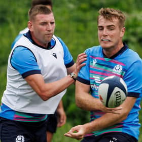 Stafford McDowall, right, alongside Finn Russell during a Scotland session at the Oriam in Edinburgh. (Photo by Mark Scates / SNS Group)