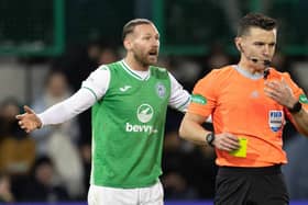 Hibs winger Martin Boyle protests his innocence after referee Nick Walsh books him for diving in the 2-1 defeat to Celtic. (Photo by Craig Foy / SNS Group)