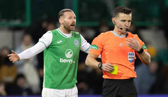 Hibs winger Martin Boyle protests his innocence after referee Nick Walsh books him for diving in the 2-1 defeat to Celtic. (Photo by Craig Foy / SNS Group)