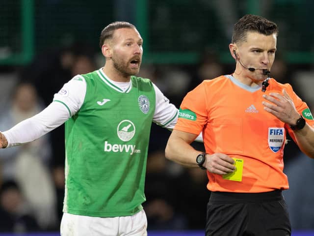 Hibs winger Martin Boyle protests his innocence after referee Nick Walsh books him for diving in the 2-1 defeat to Celtic. (Photo by Craig Foy / SNS Group)
