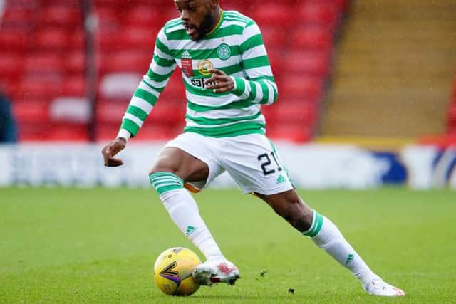 Olivier Ntcham  during a Scottish Premiership match between Aberdeen and Celtic at Pittodrie Stadium, on October 25, 2020, in Aberdeen, Scotland. (Photo by Craig Williamson / SNS Group)