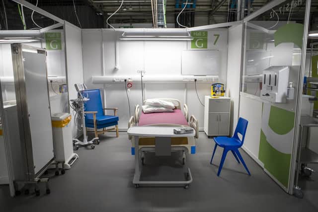 Patient bay after the completion of the construction of the NHS Louisa Jordan hospital, built at the SEC Centre in Glasgow, to care for coronavirus patients. Picture: Jane Barlow/PA Wire