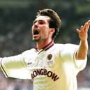 Former Hearts striker Stephane Adam celebrates after scoring against Rangers in the 1998 Scottish Cup final.