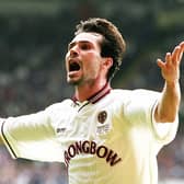 Former Hearts striker Stephane Adam celebrates after scoring against Rangers in the 1998 Scottish Cup final.