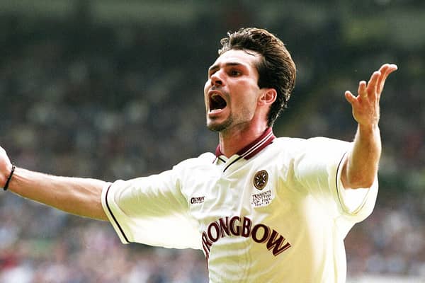 Former Hearts striker Stephane Adam celebrates after scoring against Rangers in the 1998 Scottish Cup final.