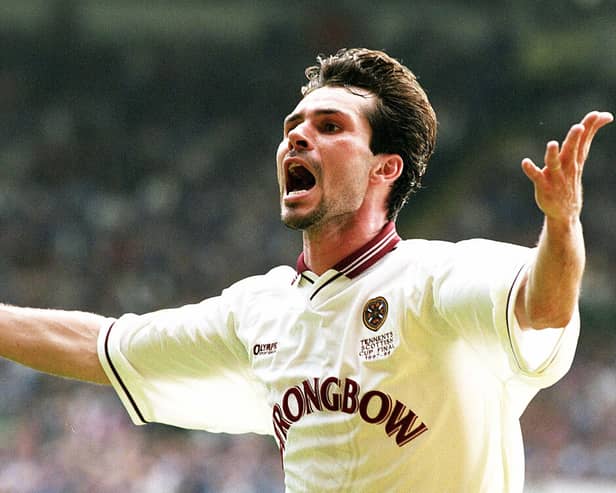 Former Hearts striker Stephane Adam celebrates after scoring against Rangers in the 1998 Scottish Cup final.