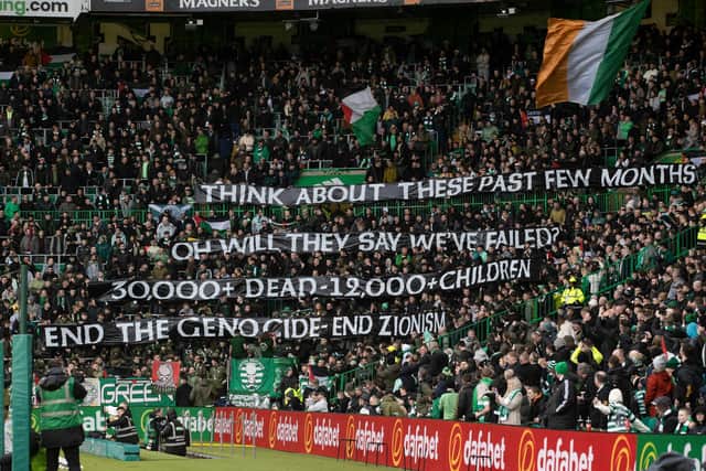 Celtic fans hold up a banner in support of Palestine ahead of the recent home match against Kilmarnock. (Photo by Craig Williamson / SNS Group)