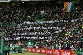 Celtic fans hold up a banner in support of Palestine ahead of the recent home match against Kilmarnock. (Photo by Craig Williamson / SNS Group)