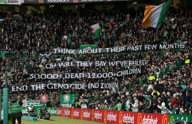 Celtic fans hold up a banner in support of Palestine ahead of the recent home match against Kilmarnock. (Photo by Craig Williamson / SNS Group)
