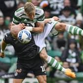 St Mirren's Curtis Main, who netted a double, had the Celtic defence in all sorts of difficulties as demonstrated  in his scrap with Carl Starfelt during the 2-2 draw at Parkhead between the sides. (Photo by Rob Casey / SNS Group)