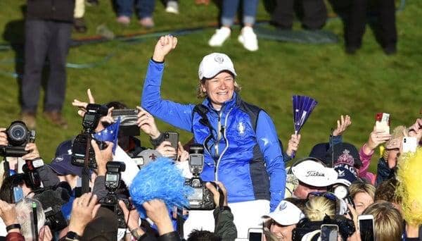 European captain Catriona Matthew celebrates leading her side to a Solheim Cup win at Gleneagles in 2019. Picture: Tristan Jones