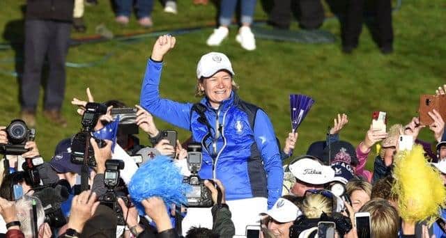 European captain Catriona Matthew celebrates leading her side to a Solheim Cup win at Gleneagles in 2019. Picture: Tristan Jones