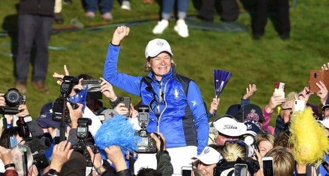 European captain Catriona Matthew celebrates leading her side to a Solheim Cup win at Gleneagles in 2019. Picture: Tristan Jones