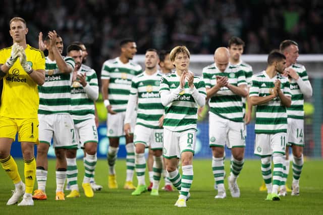 Celtic players applaud the home fans at the end of the 3-0 defeat to Real Madrid. (Photo by Craig Williamson / SNS Group)