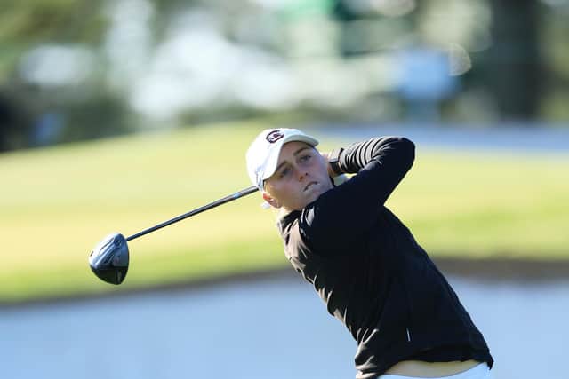 AUGUSTA, GEORGIA - APRIL 02: Hannah Darling of Scotland plays her shot from the third tee during the final round of the Augusta National Women's Amateur at Augusta National Golf Club on April 02, 2022 in Augusta, Georgia. (Photo by David Cannon/Getty Images)
