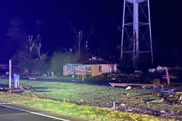 This image obtained from the Mississippi Highway Patrol, Troop D, shows a damaged home near Silver City, Mississippi, after a tornado touched down in the area (Photo by HANDOUT/Mississippi Highway Patrol /AFP via Getty Images)