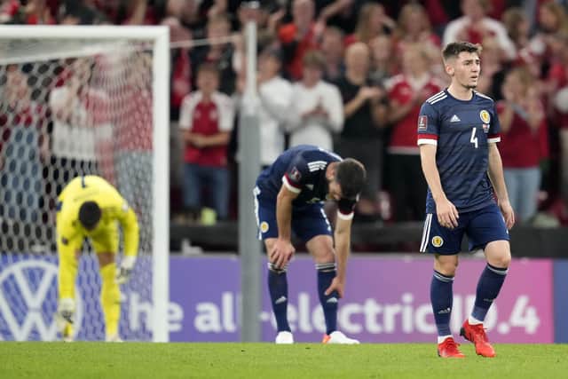 Billy Gilmour reacts after Scotland concede a second goal to Denmark. Photo: Claus Bech/PA Wire