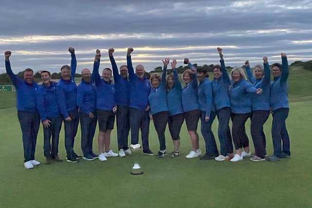 Scotland's players celebrate winning the inaugural R&A Women's & Men's Senior Home Internationals at Pyle & Kenfig in Wales.