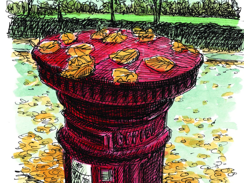 A spontaneous capture of colour here. On a morning walk to Inverleith Park I passed a postbox which was covered in golden leaves and I just had to stop and sketch it against the greens of the park behind.