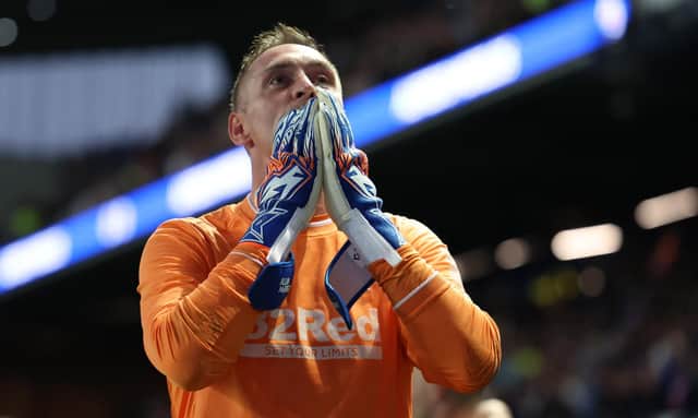 Rangers' Allan McGregor, here blowing kisses to the club's support following the closing game of last season, could be judged a club great in his position who does not require to defer to Andy Goram.  (Photo by Ross MacDonald / SNS Group)