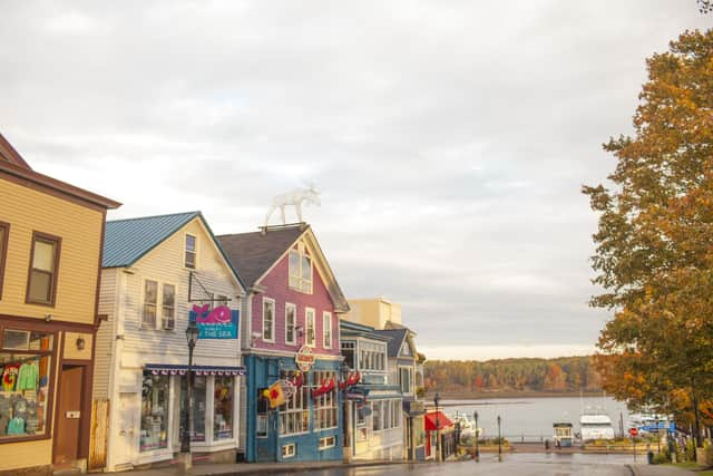 The  town square in picture postcard Bar Harbor, Maine