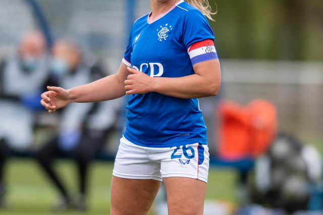 GLASGOW, SCOTLAND - MAY 09: Rangers Brianna Westrup in action during a Scottish Women's Premier League match between Rangers and Glasgow City at the Rangers Training Centre, on May 09, 2021, in Glasgow, Scotland. (Photo by Mark Scates / SNS Group)