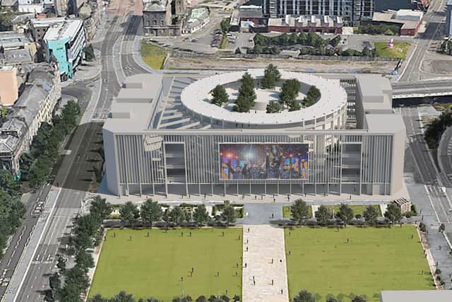 Concept for the new arena on the Dundee waterfront close to the V&A Dundee design museum. Image: Ian Ritchie Architects