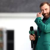 Dustin Johnson wipes away a tear during the Green Jacket ceremony after winning the 2020 Masters at Augusta National Golf Club last November. Picture: Rob Carr/Getty Images.