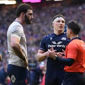 Referee Nic Berry explains his no try decision, after a TMO review, to Charles Ollivon of France and Rory Darge of Scotland in the final minute of the Guinness Six Nations 2024 match at Murrayfield. (Photo by Stu Forster/Getty Images)