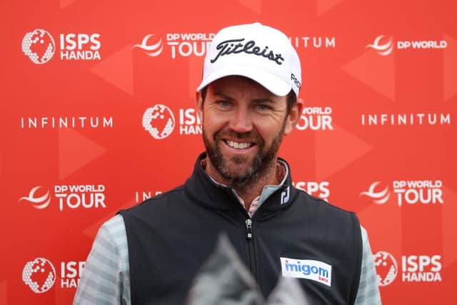 Scott Jamieson is interviewed after his first round of the ISPS Handa Championship in Spain. Picture: Andrew Redington/Getty Images.