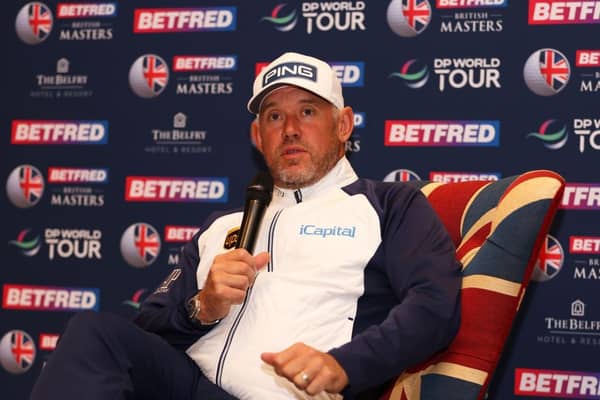 Lee Westwood speaks to the media ahead of the Betfred British Masters hosted by Danny Willett at The Belfry in Sutton Coldfield. Picture: Richard Heathcote/Getty Images.