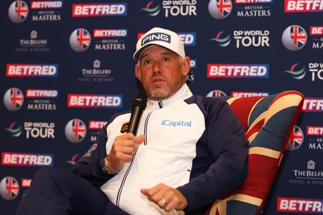 Lee Westwood speaks to the media ahead of the Betfred British Masters hosted by Danny Willett at The Belfry in Sutton Coldfield. Picture: Richard Heathcote/Getty Images.