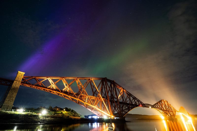 The aurora borealis, also known as the northern lights, above the Forth Bridge at North Queensferry.