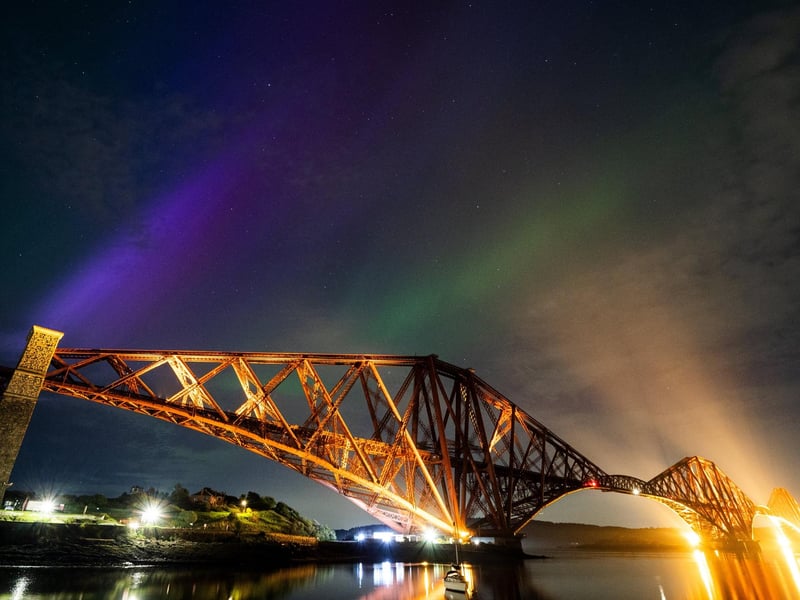 The aurora borealis, also known as the northern lights, above the Forth Bridge at North Queensferry.