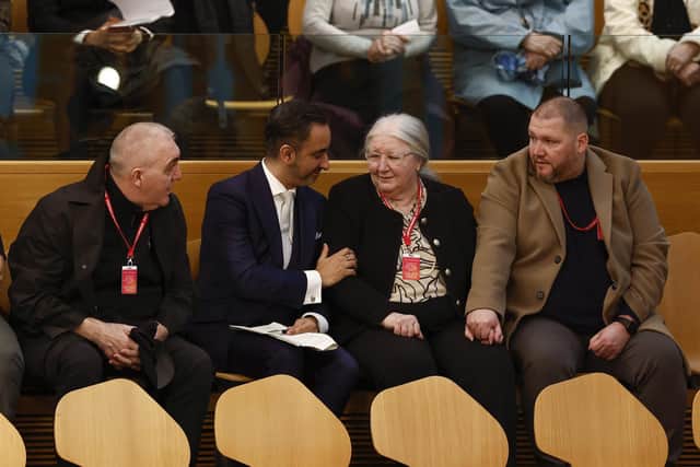 Emma Caldwell's mother, Margaret Caldwell, along with her family and their lawyer, Aamer Anwar sit in the public gallery at the Scottish Parliament. Picture: Jeff J Mitchell/Getty Images