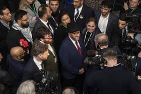 George Galloway speaks to TV after his win at the Rochdale by-election, pictured at Rochdale Leisure Centre, March 1 2024.