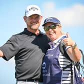 David Drysdale celebrates his hole in one with his caddie and wife Vicky during day two of the Made in HimmerLand at Himmerland Golf & Spa Resort. Picture: Stuart Franklin/Getty Images.