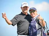 David Drysdale celebrates his hole in one with his caddie and wife Vicky during day two of the Made in HimmerLand at Himmerland Golf & Spa Resort. Picture: Stuart Franklin/Getty Images.