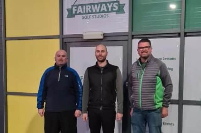 Bobby Rushford, centre, with Chris Gallacger, left, and Richard McLuckie, right, at the new Fairways Indoor Golf Studio at Abbotsford Business Park in Falkirk