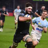 Glasgow Warriors' Scottish flanker Ally Miller paces clear to score a try against Bayonne.
