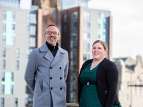 Exciting times: Andrew Smith with the new owner of ABN (Aberdeen Business Network), Leigh Reid.