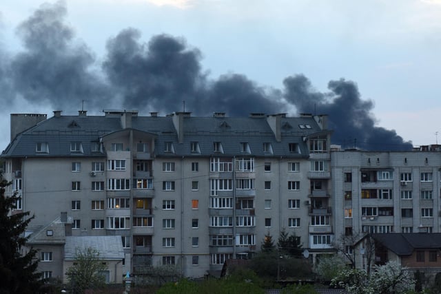 Dark smoke rises following an air strike in the western Ukrainian city of Lviv, on May 3, 2022. (Photo by Yuriy Dyachyshyn / AFP) (Photo by YURIY DYACHYSHYN/AFP via Getty Images)