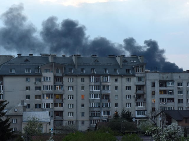 Dark smoke rises following an air strike in the western Ukrainian city of Lviv, on May 3, 2022. (Photo by Yuriy Dyachyshyn / AFP) (Photo by YURIY DYACHYSHYN/AFP via Getty Images)