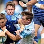 Leinster's Jordan Larmour breaks through the Glasgow defence to score one of his side's 12 tries. Photo by Laszlo Geczo/INPHO/Shutterstock (12972398ap)