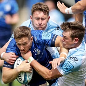 Leinster's Jordan Larmour breaks through the Glasgow defence to score one of his side's 12 tries. Photo by Laszlo Geczo/INPHO/Shutterstock (12972398ap)