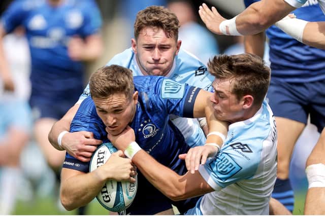 Leinster's Jordan Larmour breaks through the Glasgow defence to score one of his side's 12 tries. Photo by Laszlo Geczo/INPHO/Shutterstock (12972398ap)