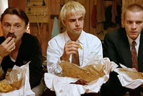 Left to right: Robert Carlyle as Begbie. Jonny Lee Miller as Sick Boy, and Ewan McGregor as Renton.
